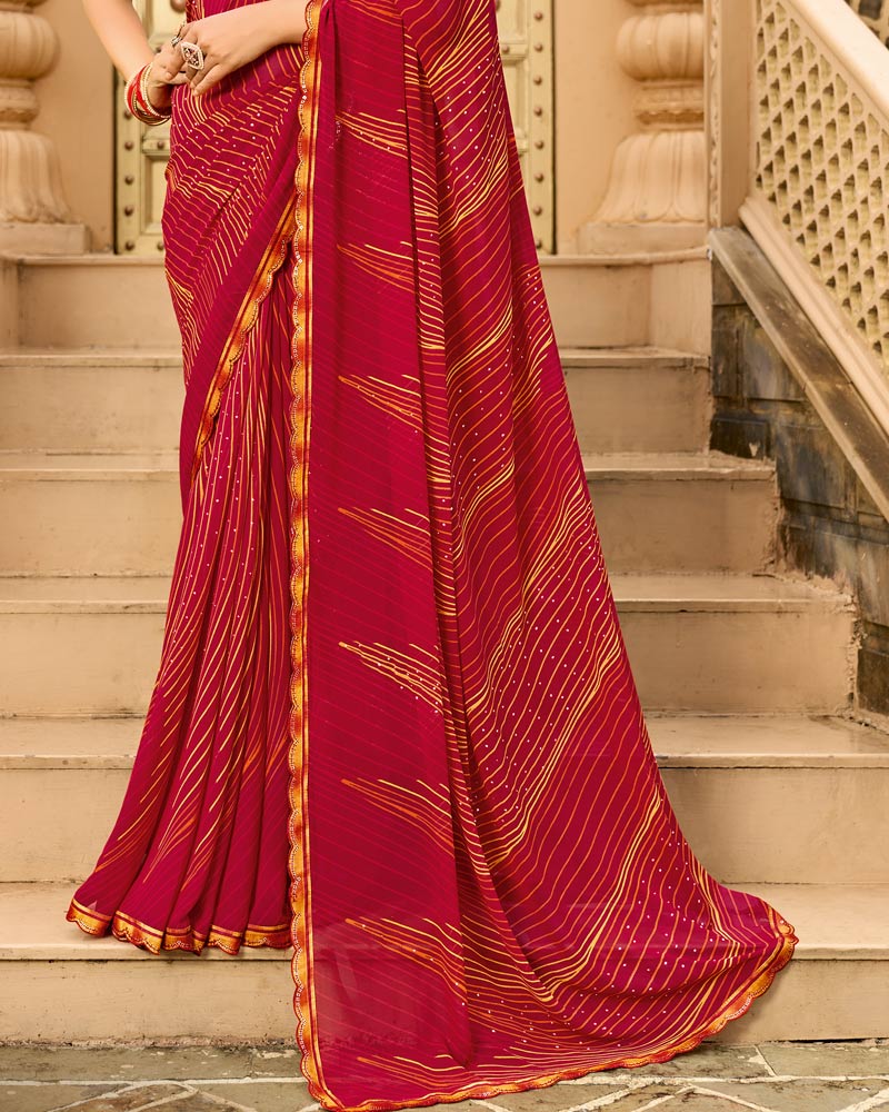 Vishal Prints Paprika Red Printed Georgette Traditional Print Saree With Embellished Diamond Work And Cut Work Border