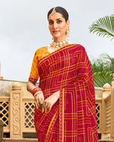 Vishal Prints Persian Red Printed Georgette Traditional Print Saree With Embellished Diamond Work And Cut Work Border