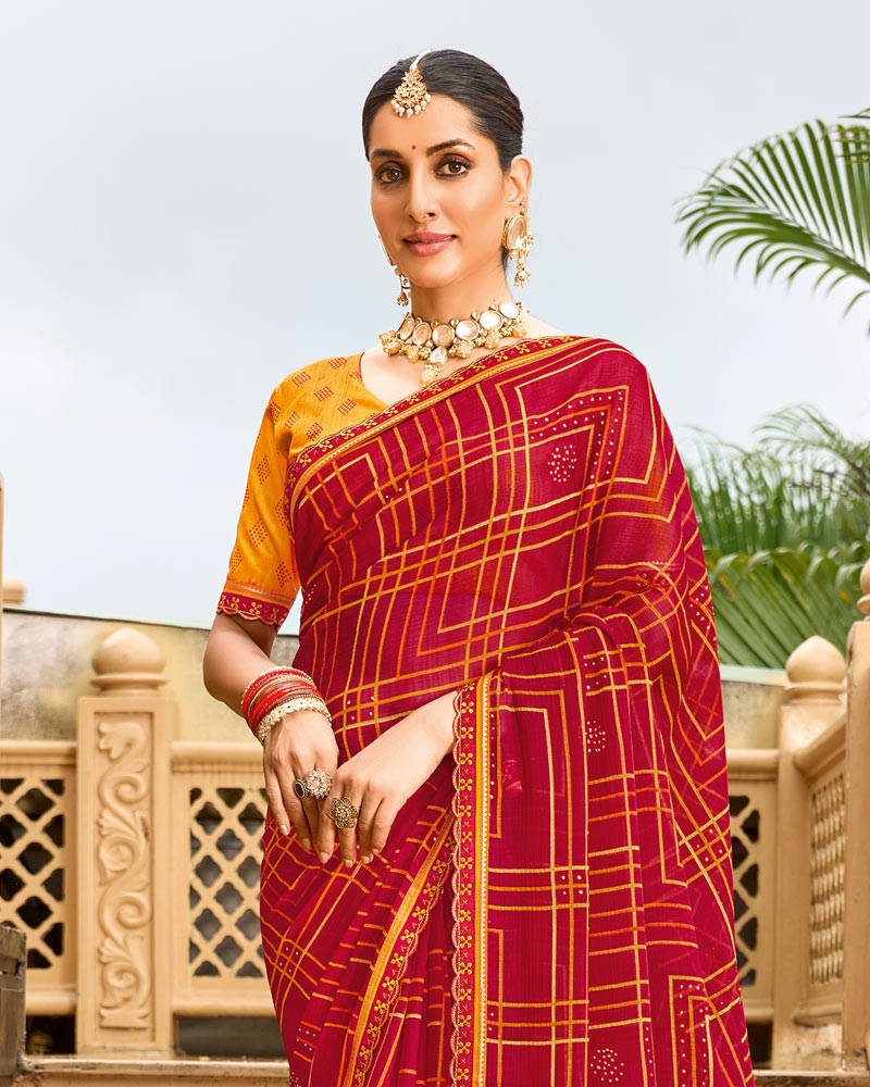 Vishal Prints Persian Red Printed Georgette Traditional Print Saree With Embellished Diamond Work And Cut Work Border