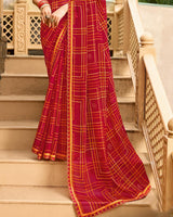 Vishal Prints Persian Red Printed Georgette Traditional Print Saree With Embellished Diamond Work And Cut Work Border