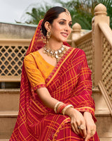 Vishal Prints Persian Red Printed Georgette Traditional Print Saree With Embellished Diamond Work And Cut Work Border