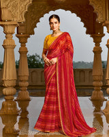 Vishal Prints Dark Burnt Red Printed Georgette Traditional Print Saree With Embellished Diamond Work And Fancy Border