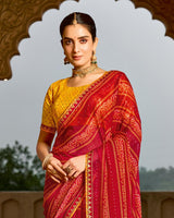 Vishal Prints Dark Burnt Red Printed Georgette Traditional Print Saree With Embellished Diamond Work And Fancy Border