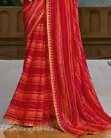 Vishal Prints Dark Burnt Red Printed Georgette Traditional Print Saree With Embellished Diamond Work And Fancy Border
