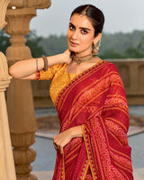Vishal Prints Dark Burnt Red Printed Georgette Traditional Print Saree With Embellished Diamond Work And Fancy Border