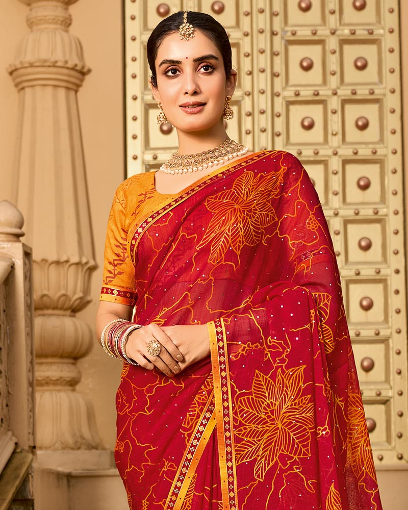 Vishal Prints Shiraz Red Printed Georgette Traditional Print Saree With Embellished Diamond Work And Fancy Border
