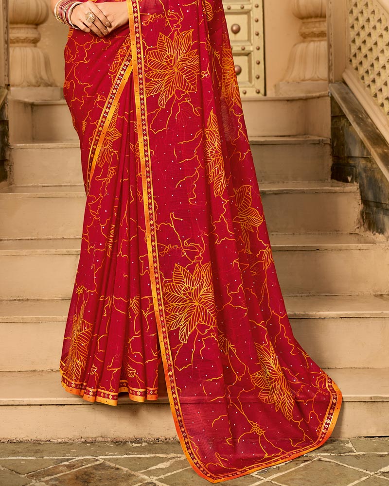 Vishal Prints Shiraz Red Printed Georgette Traditional Print Saree With Embellished Diamond Work And Fancy Border