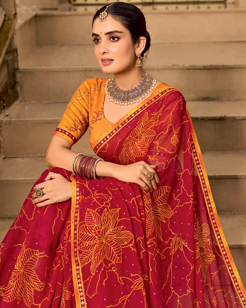 Vishal Prints Shiraz Red Printed Georgette Traditional Print Saree With Embellished Diamond Work And Fancy Border