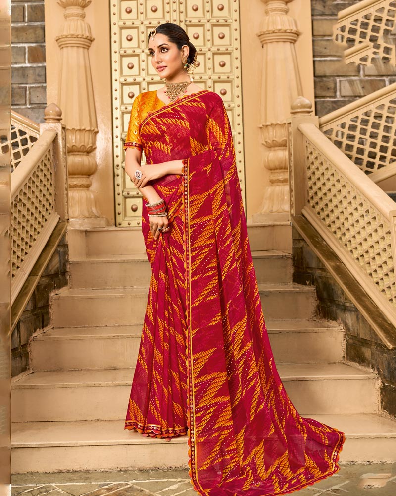Vishal Prints Cardinal Red Printed Georgette Traditional Print Saree With Embellished Diamond Work And Cut Work Border