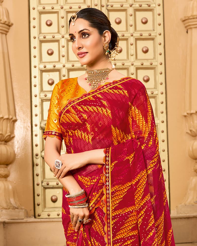 Vishal Prints Cardinal Red Printed Georgette Traditional Print Saree With Embellished Diamond Work And Cut Work Border