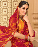 Vishal Prints Cardinal Red Printed Georgette Traditional Print Saree With Embellished Diamond Work And Cut Work Border
