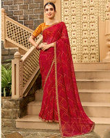 Vishal Prints Scarlet Red Printed Georgette Traditional Print Saree With Embellished Diamond Work And Cut Work Border