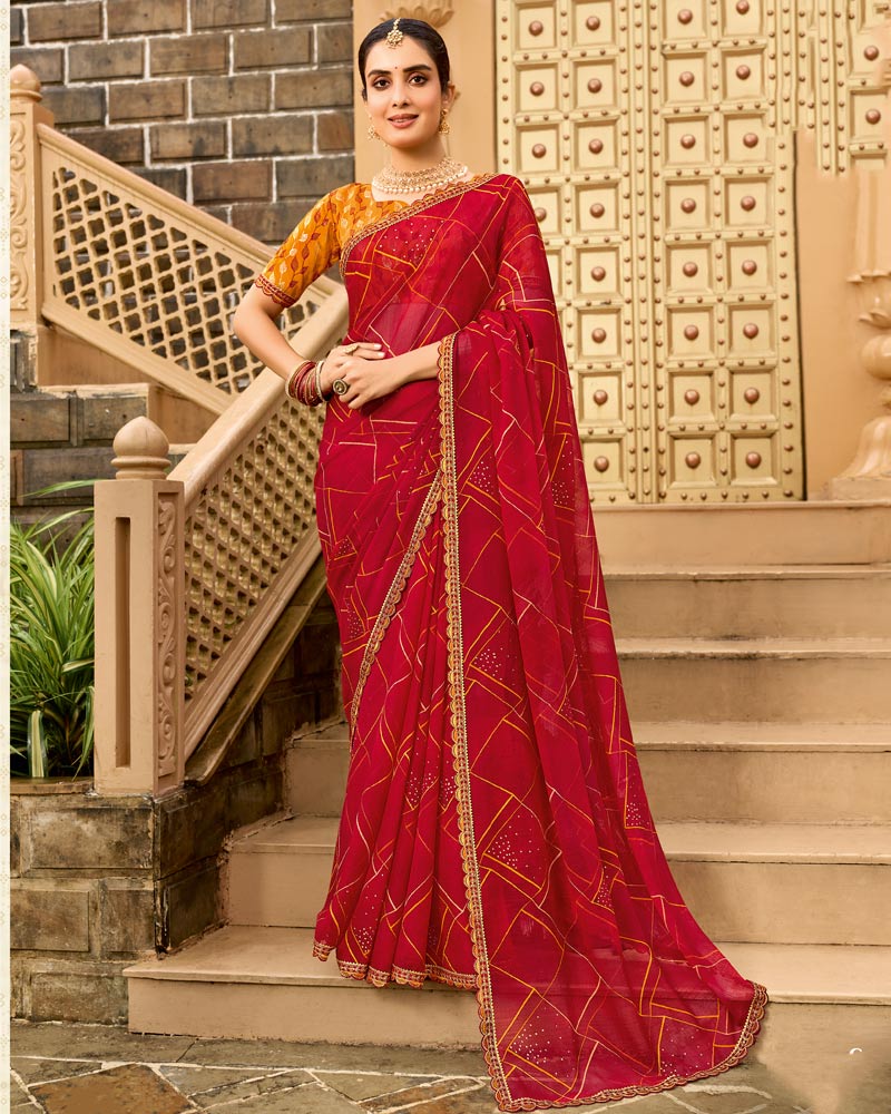 Vishal Prints Scarlet Red Printed Georgette Traditional Print Saree With Embellished Diamond Work And Cut Work Border