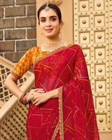 Vishal Prints Scarlet Red Printed Georgette Traditional Print Saree With Embellished Diamond Work And Cut Work Border
