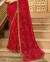 Vishal Prints Scarlet Red Printed Georgette Traditional Print Saree With Embellished Diamond Work And Cut Work Border