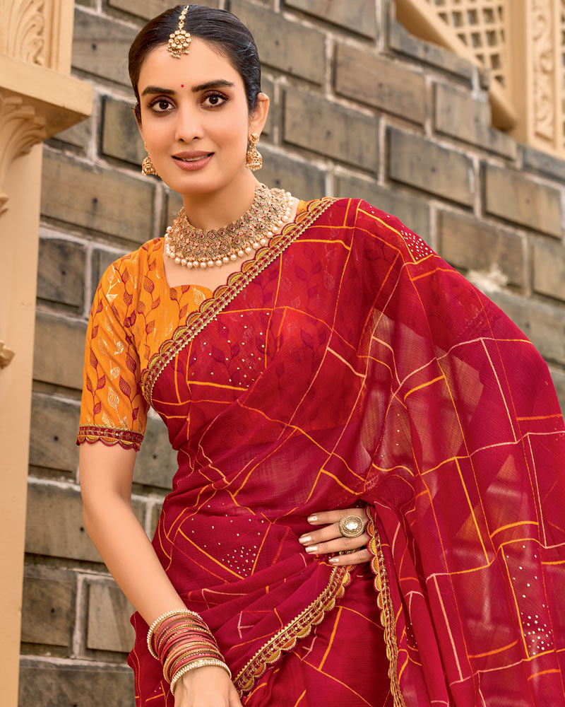 Vishal Prints Scarlet Red Printed Georgette Traditional Print Saree With Embellished Diamond Work And Cut Work Border