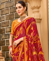 Vishal Prints Dark Brick Red Printed Georgette Traditional Print Saree With Embellished Diamond Work And Fancy Border