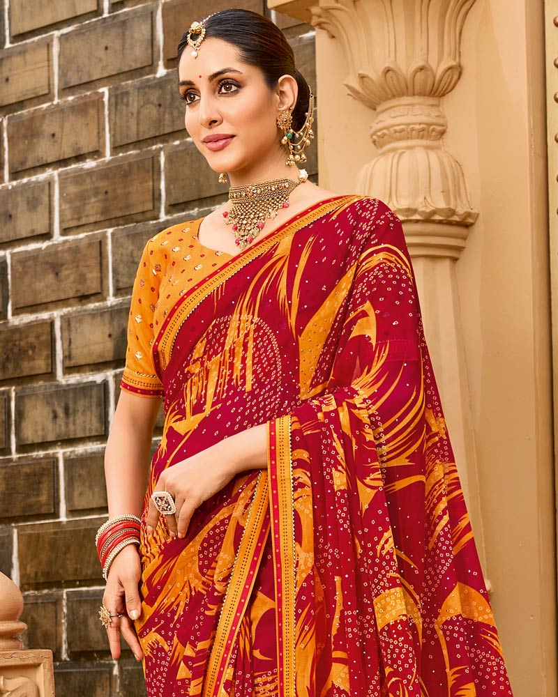Vishal Prints Dark Brick Red Printed Georgette Traditional Print Saree With Embellished Diamond Work And Fancy Border