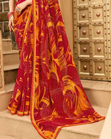 Vishal Prints Dark Brick Red Printed Georgette Traditional Print Saree With Embellished Diamond Work And Fancy Border
