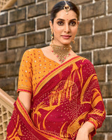 Vishal Prints Dark Brick Red Printed Georgette Traditional Print Saree With Embellished Diamond Work And Fancy Border