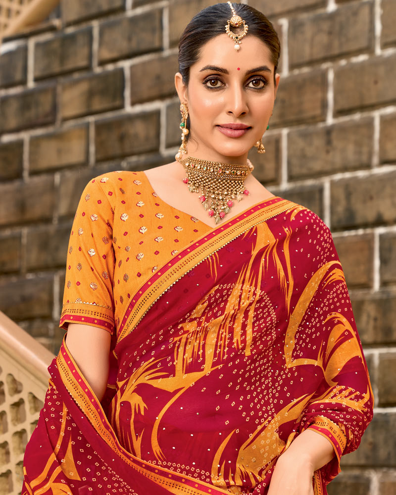Vishal Prints Dark Brick Red Printed Georgette Traditional Print Saree With Embellished Diamond Work And Fancy Border