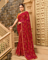 Vishal Prints Cherry Red Printed Georgette Traditional Print Saree With Embellished Diamond Work And Fancy Border