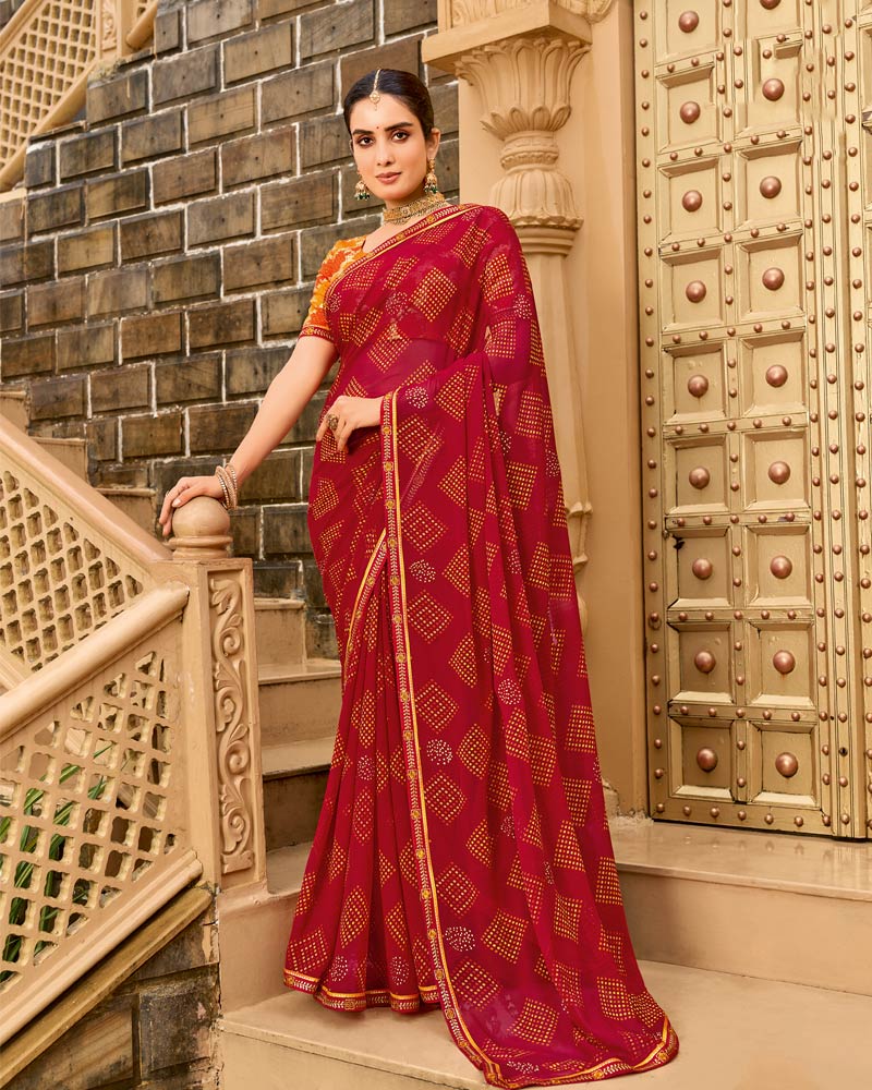 Vishal Prints Cherry Red Printed Georgette Traditional Print Saree With Embellished Diamond Work And Fancy Border