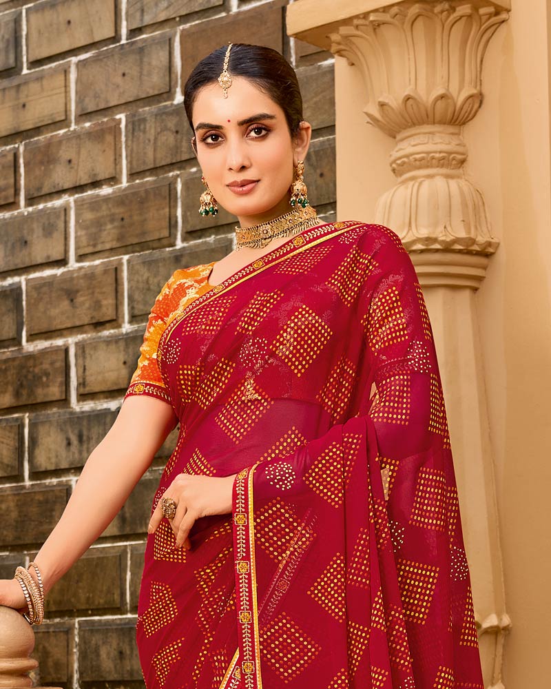 Vishal Prints Cherry Red Printed Georgette Traditional Print Saree With Embellished Diamond Work And Fancy Border