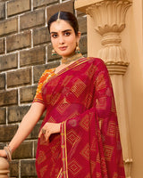 Vishal Prints Cherry Red Printed Georgette Traditional Print Saree With Embellished Diamond Work And Fancy Border