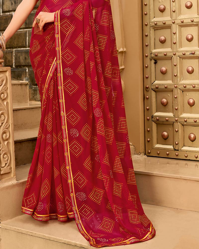 Vishal Prints Cherry Red Printed Georgette Traditional Print Saree With Embellished Diamond Work And Fancy Border