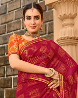 Vishal Prints Cherry Red Printed Georgette Traditional Print Saree With Embellished Diamond Work And Fancy Border