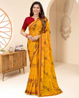 Vishal Prints Golden Yellow Printed Chiffon Brasso Saree With Foil Print And Border