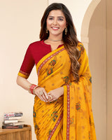 Vishal Prints Golden Yellow Printed Chiffon Brasso Saree With Foil Print And Border