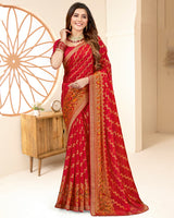 Vishal Prints Cherry Red Printed Chiffon Brasso Saree With Foil Print And Border