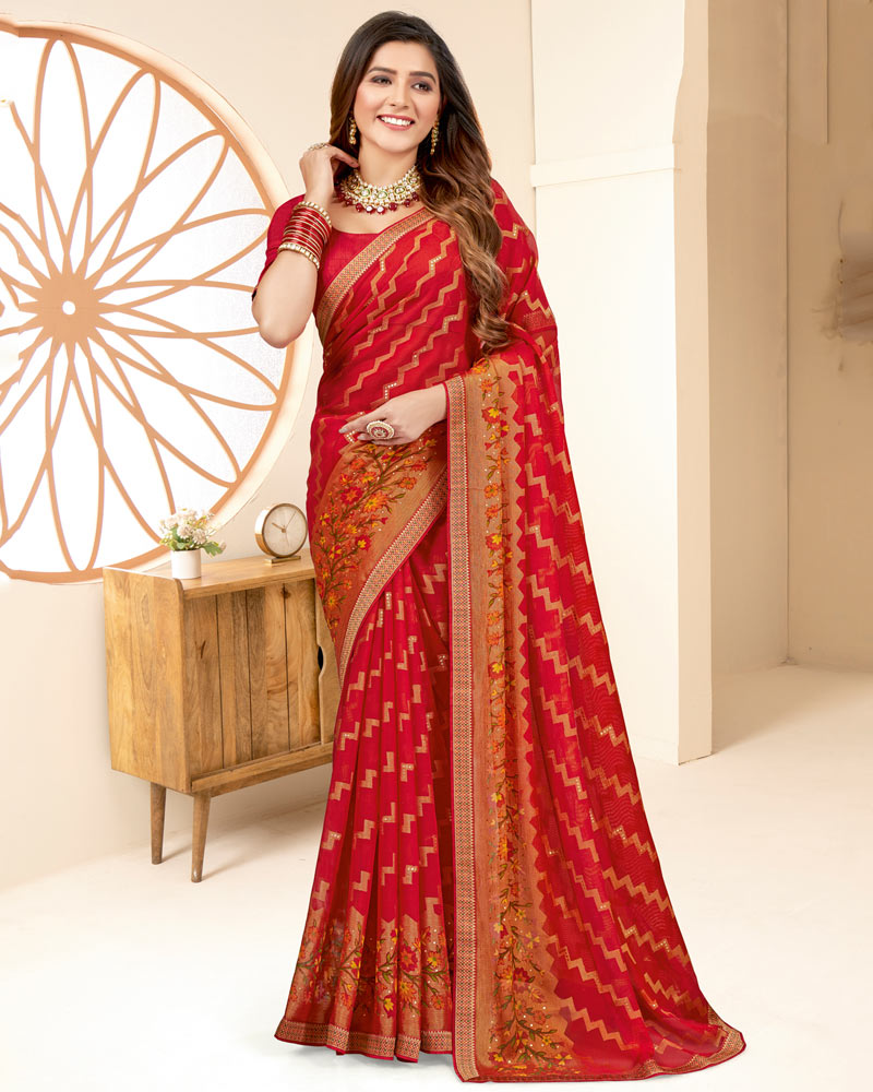 Vishal Prints Cherry Red Printed Chiffon Brasso Saree With Foil Print And Border