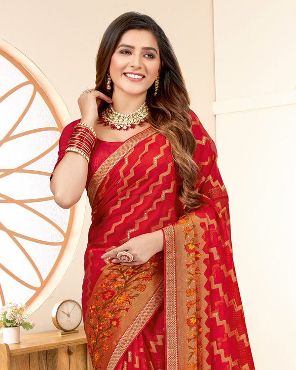 Vishal Prints Cherry Red Printed Chiffon Brasso Saree With Foil Print And Border