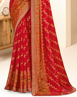 Vishal Prints Cherry Red Printed Chiffon Brasso Saree With Foil Print And Border