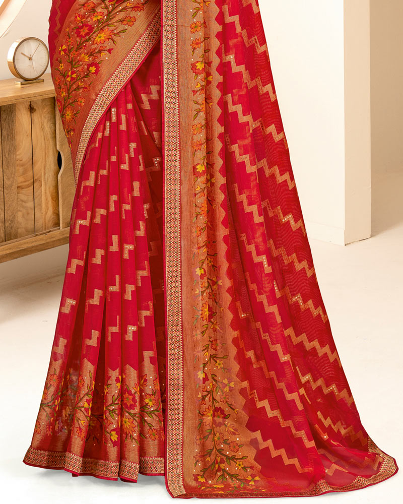 Vishal Prints Cherry Red Printed Chiffon Brasso Saree With Foil Print And Border