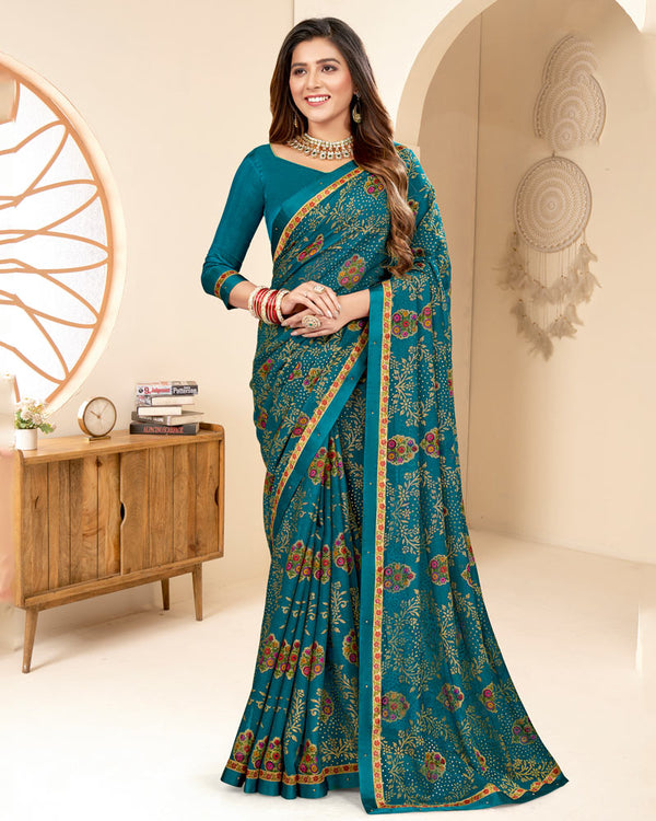 Vishal Prints Dark Teal Blue Printed Chiffon Brasso Saree With Foil Print And Border
