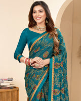 Vishal Prints Dark Teal Blue Printed Chiffon Brasso Saree With Foil Print And Border
