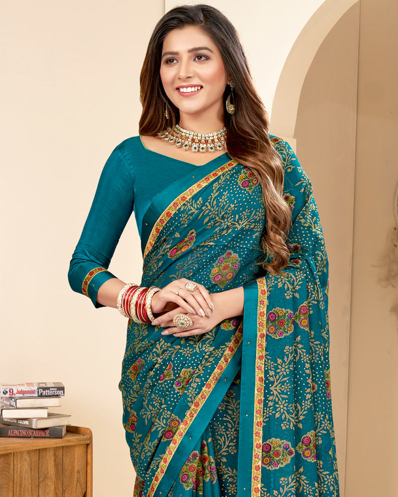Vishal Prints Dark Teal Blue Printed Chiffon Brasso Saree With Foil Print And Border