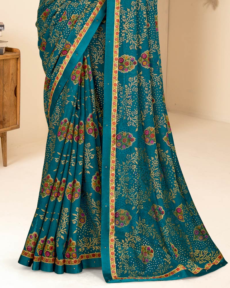 Vishal Prints Dark Teal Blue Printed Chiffon Brasso Saree With Foil Print And Border