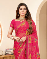 Vishal Prints Red Pink Printed Chiffon Brasso Saree With Foil Print And Border