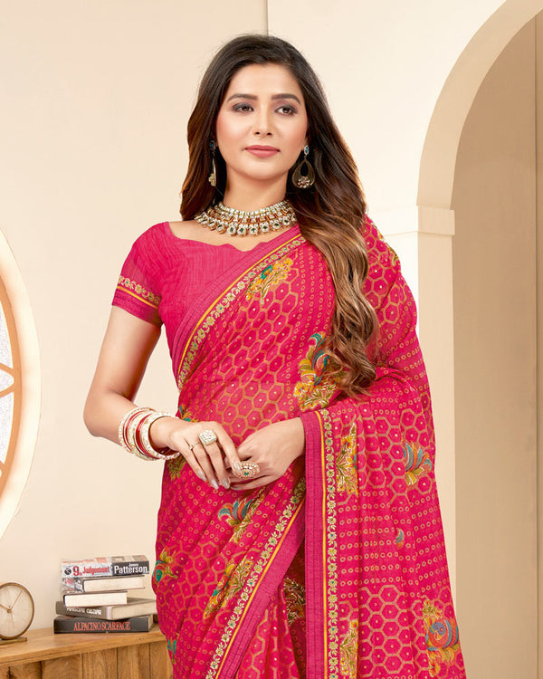 Vishal Prints Red Pink Printed Chiffon Brasso Saree With Foil Print And Border