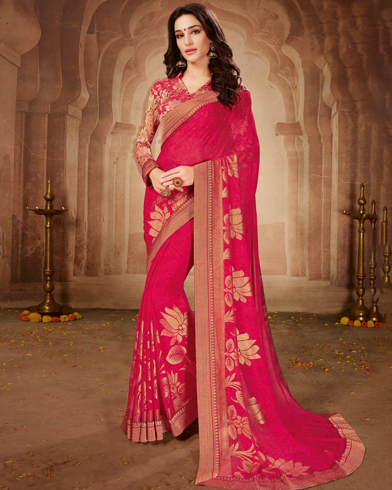 Vishal Prints Red Pink Printed Georgette Saree With Foil Print And Zari Border