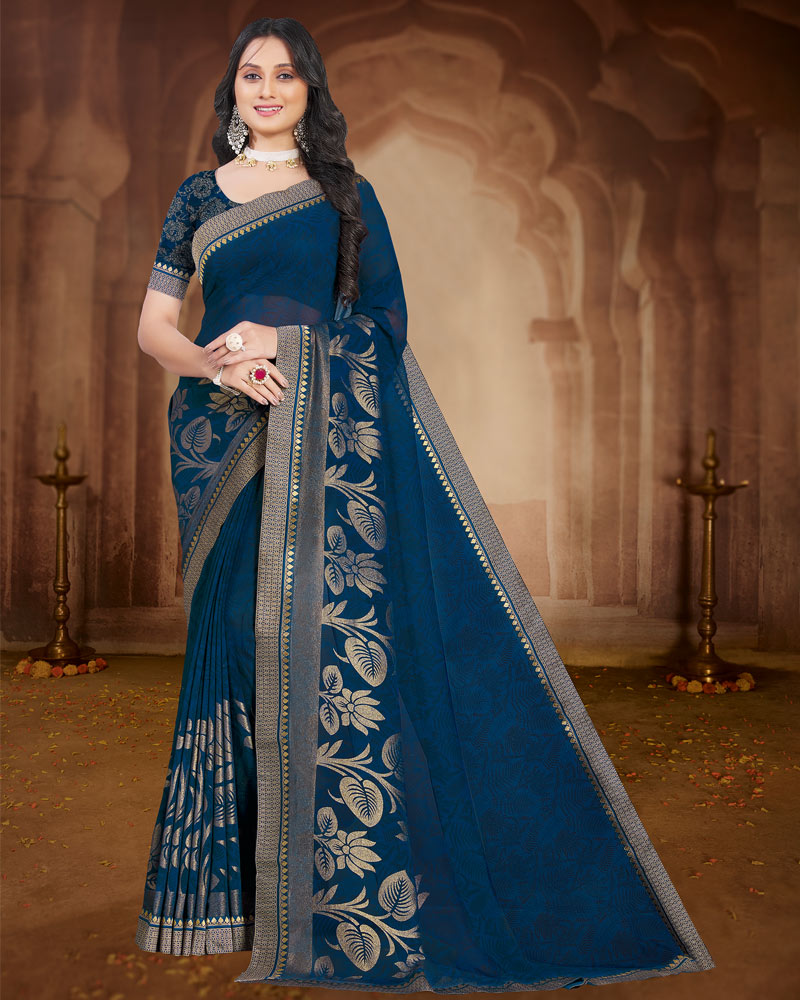Vishal Prints Navy Blue Printed Georgette Saree With Foil Print And Zari Border