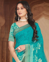 Vishal Prints Dark Turquoise Blue Printed Georgette Saree With Foil Print And Zari Border