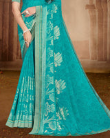 Vishal Prints Dark Turquoise Blue Printed Georgette Saree With Foil Print And Zari Border
