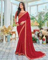Vishal Prints Red Maroon Designer Fancy Chiffon Saree With Embellished Work And Embroidery Fancy Border