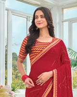 Vishal Prints Red Maroon Designer Fancy Chiffon Saree With Embellished Work And Embroidery Fancy Border